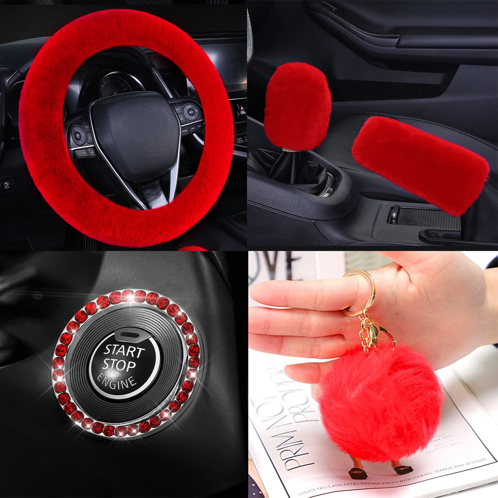 Zynqacc 1 Set 8 Pieces Fluffy Steering Wheel Cover Set,Warm Soft Fuzzy Steering Wheel Covers For Women/Girls,Universal 15 Inches Girls Car Accessories (Red)