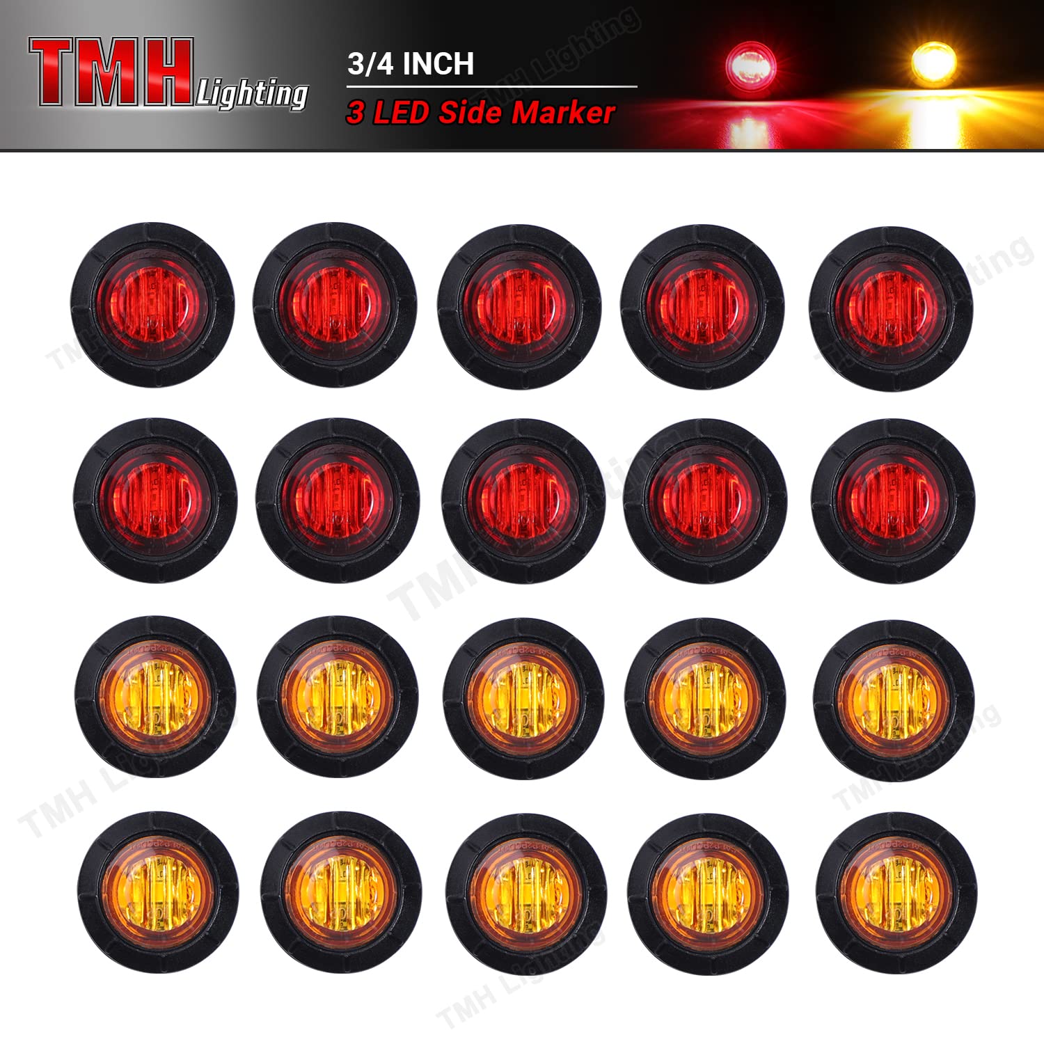 Tmh 3/4 Inch Mount 10 Amber +10 Red 3 Led Mini Clearance Side Marker Lights With Rubber Fit For Trailer Pickup Truck Car Bus 12V