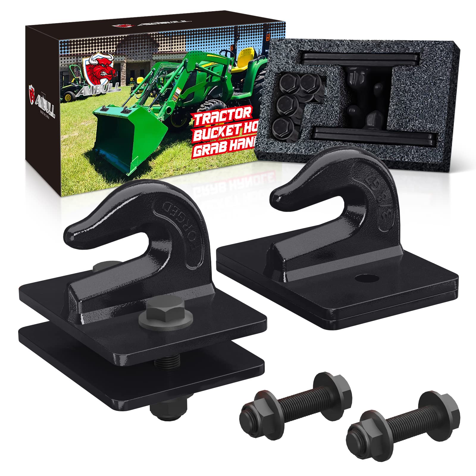 AMBULL 2 Pack 3/8'' Tractor Bucket Grab Hook Grade 70 Forged Steel Bolt On Grab Hook Tow Hook Mount with Backer Plate,Work Well 