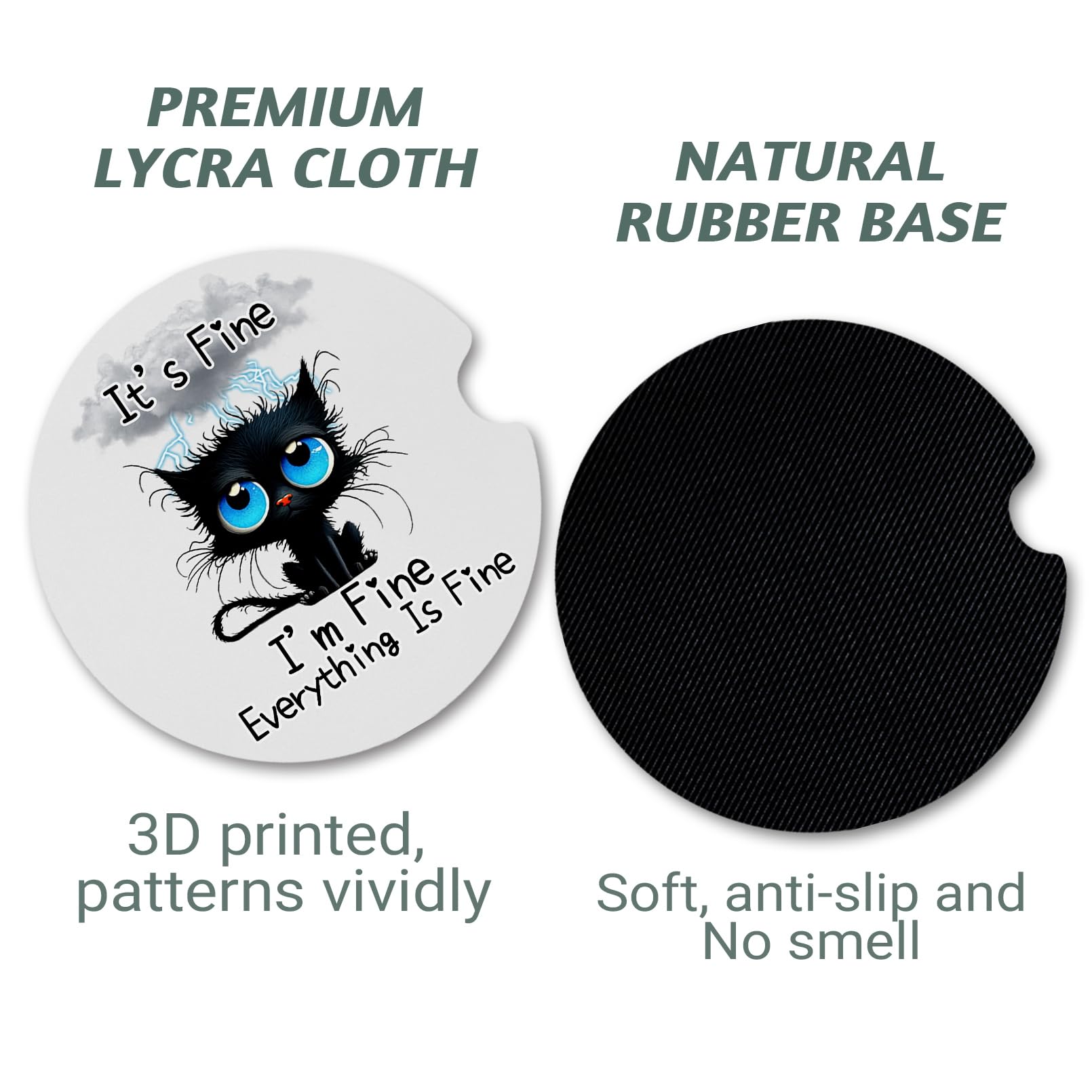 Balck Cat Anti Slip Rubber Car Cup Mat with Finger Notch, 2 Pack Car Coasters for Cup Holders