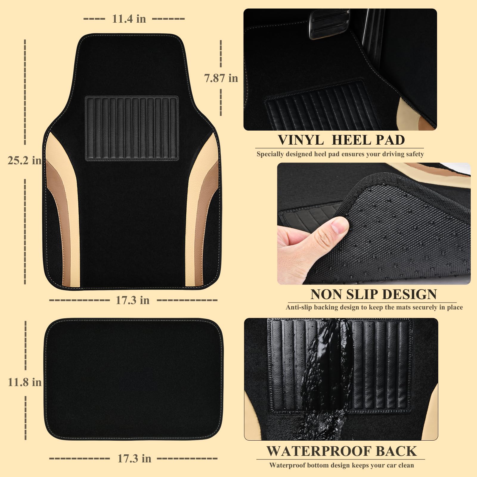 Car Pass Beige Leather Car Floor Mats, Sporty Waterproof Car Carpet,Universal Automotive Floor Mats Fit For Sedans, Cars, Mid Tr