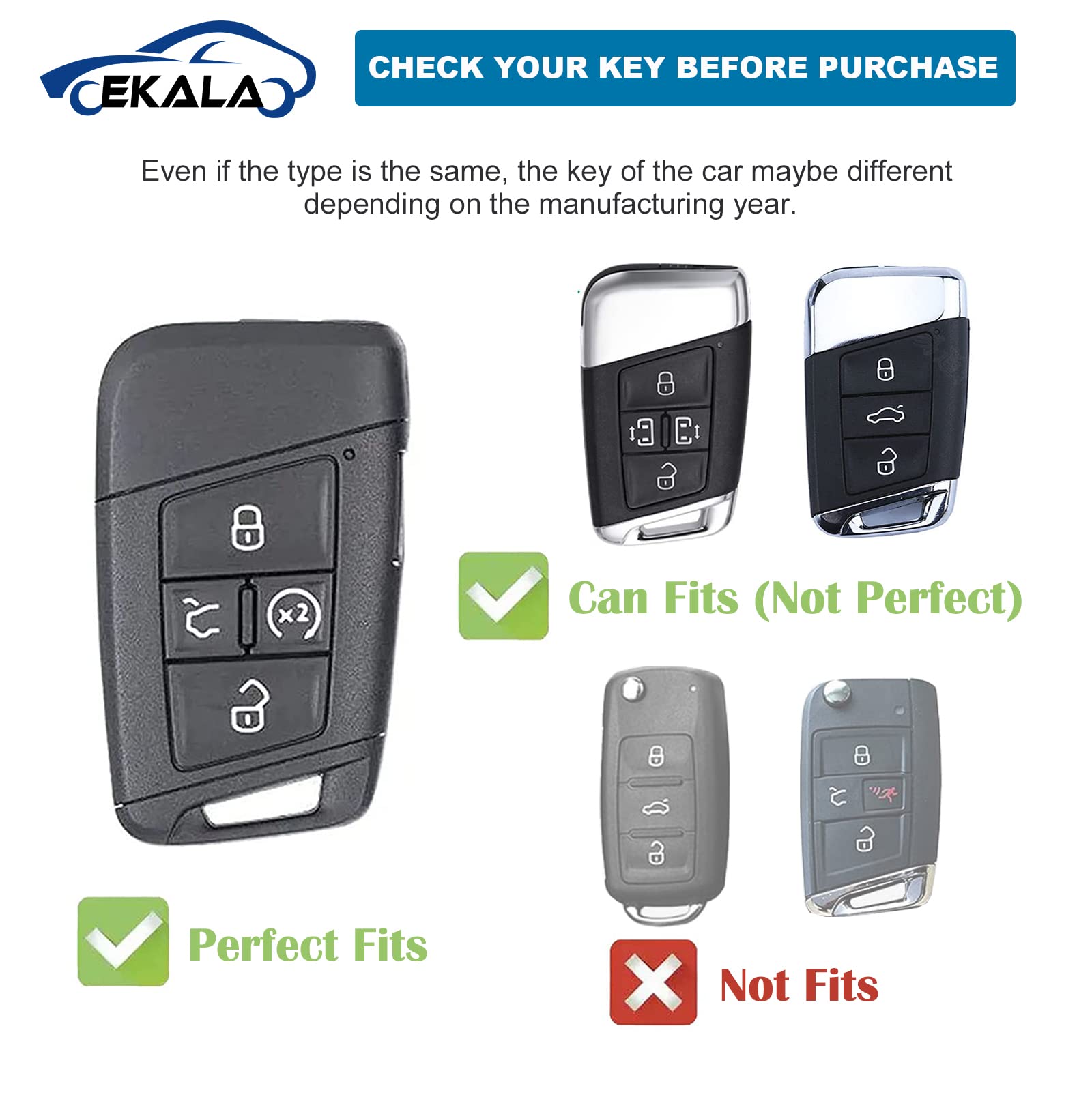 EKALA for Volkswagen Key Fob Cover with Leather Key Fob Keychain, 4 Buttons Soft TPU Keys Shells Girly White Key Fob Cover Compa