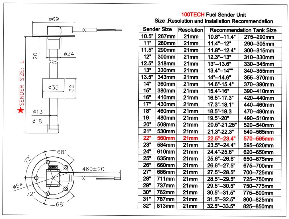 100TECH 22''(560mm) Boat Fuel Sending Unit Marine Fuel Level Sending Unit Fuel Sender Water Tank Sender Unit for Vehicle RV Fuel