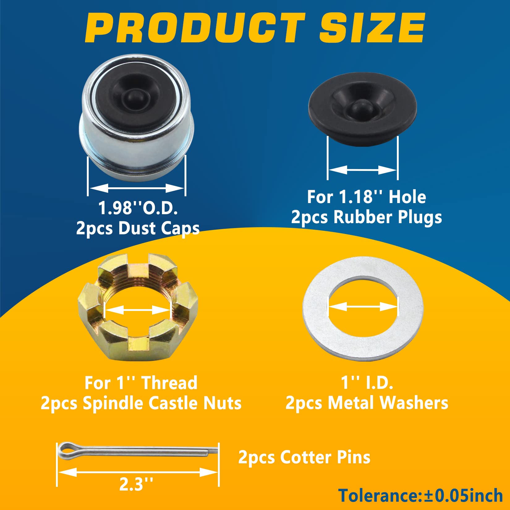 Grepspud 2Sets 1'' Trailer Axle Nut Kits 1'' Spindle Castle Nuts Set With 1'' Washers, 2.3'' Long Cotter Pins, 1.98'' Dust Caps