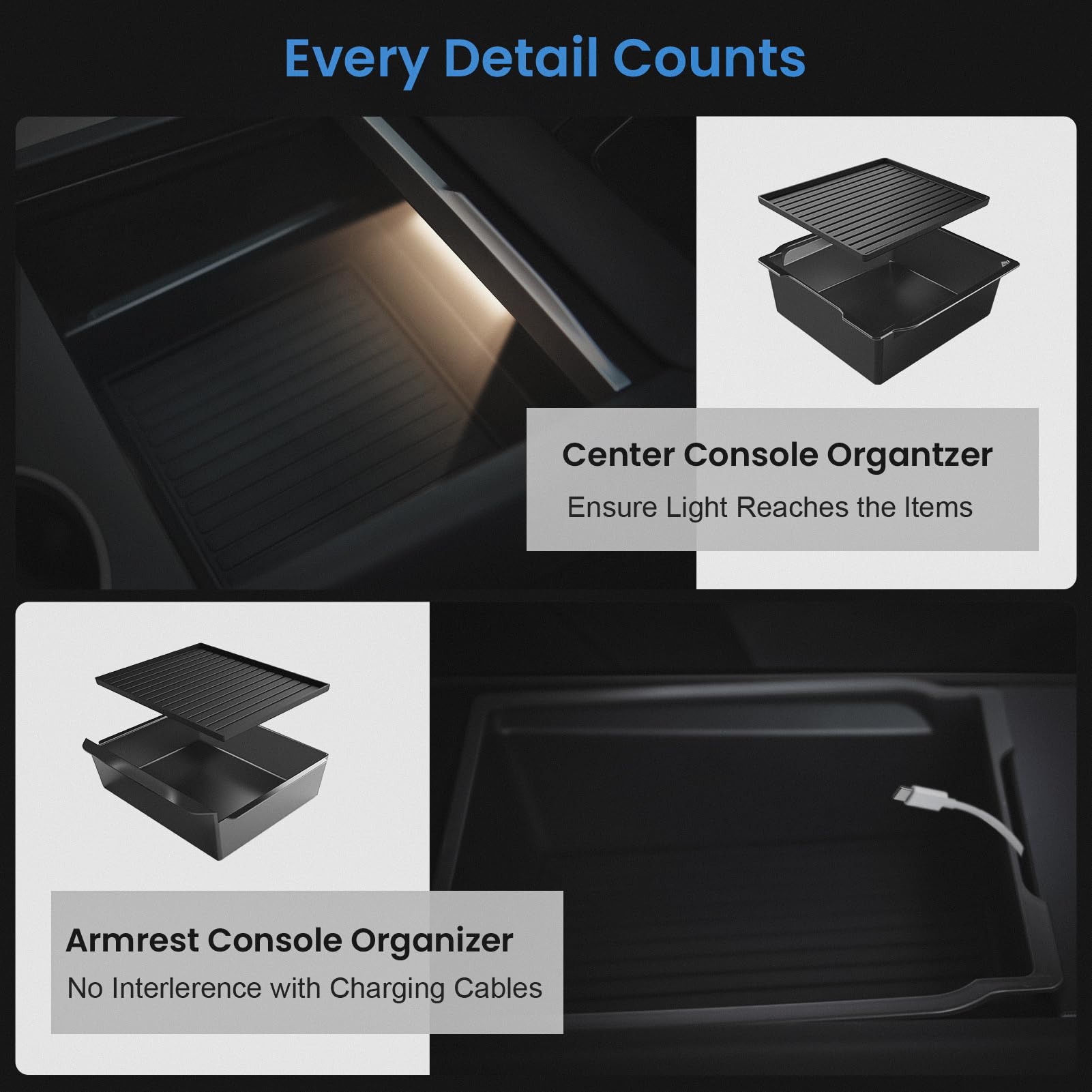 CARENTR Tesla New Model Y Juniper & Model 3 Center Console Organizer (Dual-Layer Storage, Smooth Sliding) - Compatible with Mode
