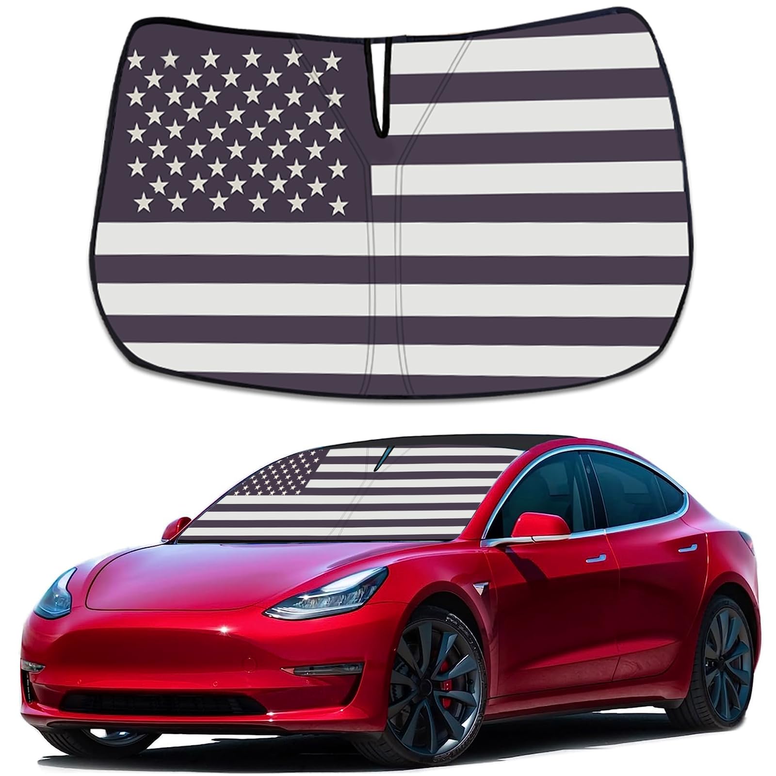 Moricere Upgrade Windshield Sun Shade With Usa Flag For Tesla Model 3 2016-2023, Foldable Windshield Sun Visor Blocks Uv Rays