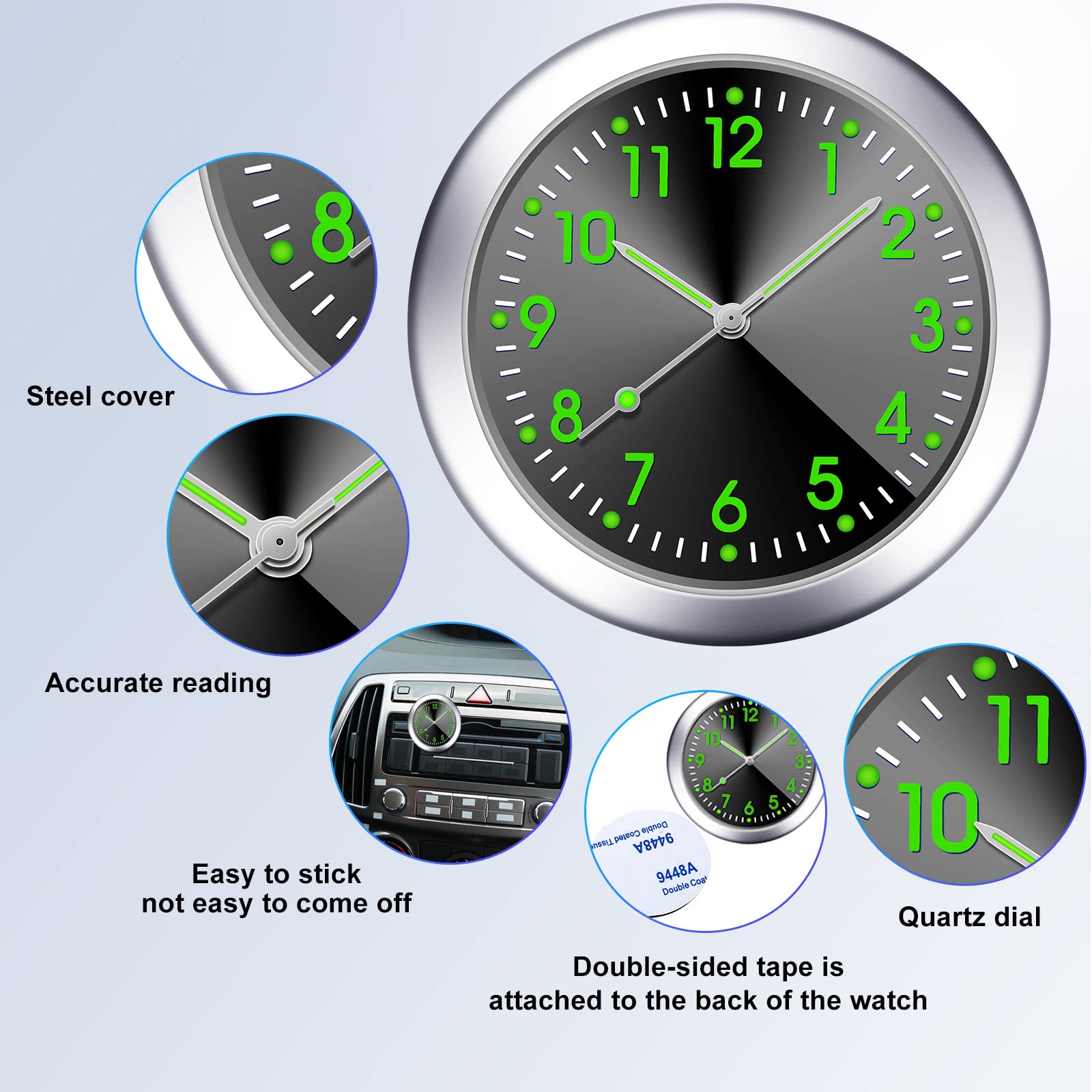 Frienda 2 Pieces Stick on Dashboard Car Clock Mini Tiny Small Luminous Car Vent Clocks Watch for Dashboard Boat Bike Home (Black