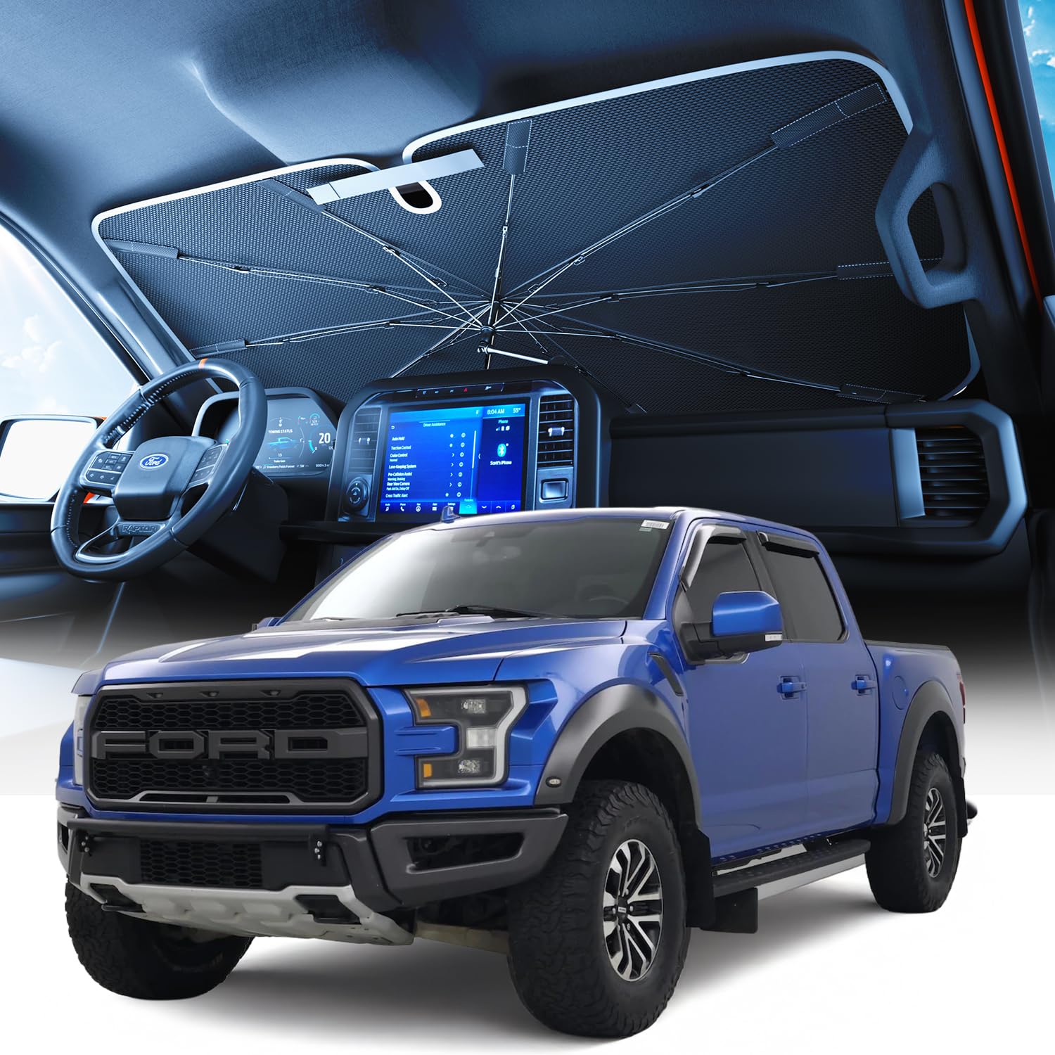 [2025 Upgraded] Weektic Truck Windshield Sun Shade for F-150/Silverado/Tundra/RAM 1500/Sierra - 5 Layers Ice Crystal Coating Blo