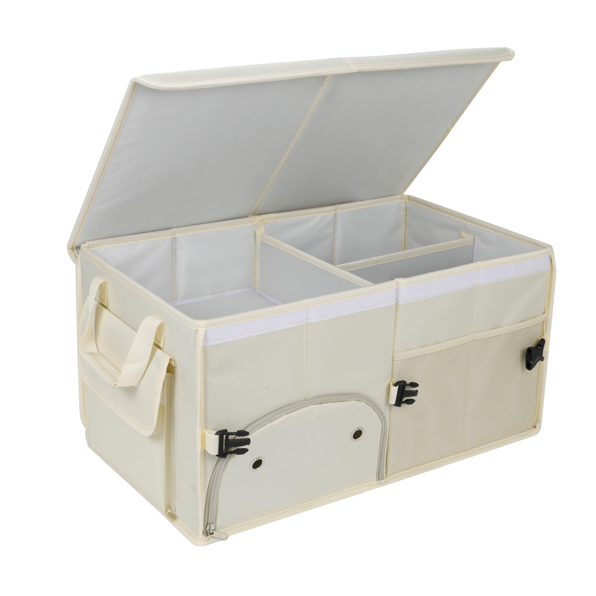 Aokjoy Car Trunk Organizer With Lid Car Storage Organizer Collapsible Multi Compartment Car Organizerwith Shoe Bag For Suv(Beige