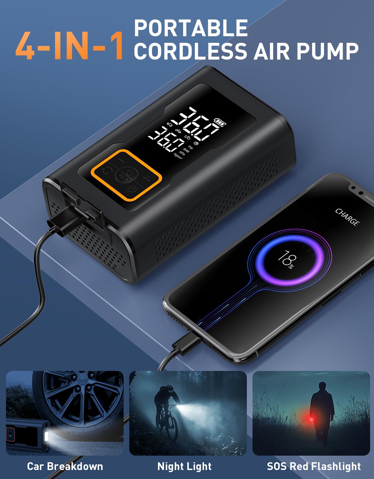 Tire Inflator Portable Air Compressor,150 Psi Bike Tire Pump - Compact Air Pump For Car Tires,Bicycle,Motorcycle,Ball,Rechargeab