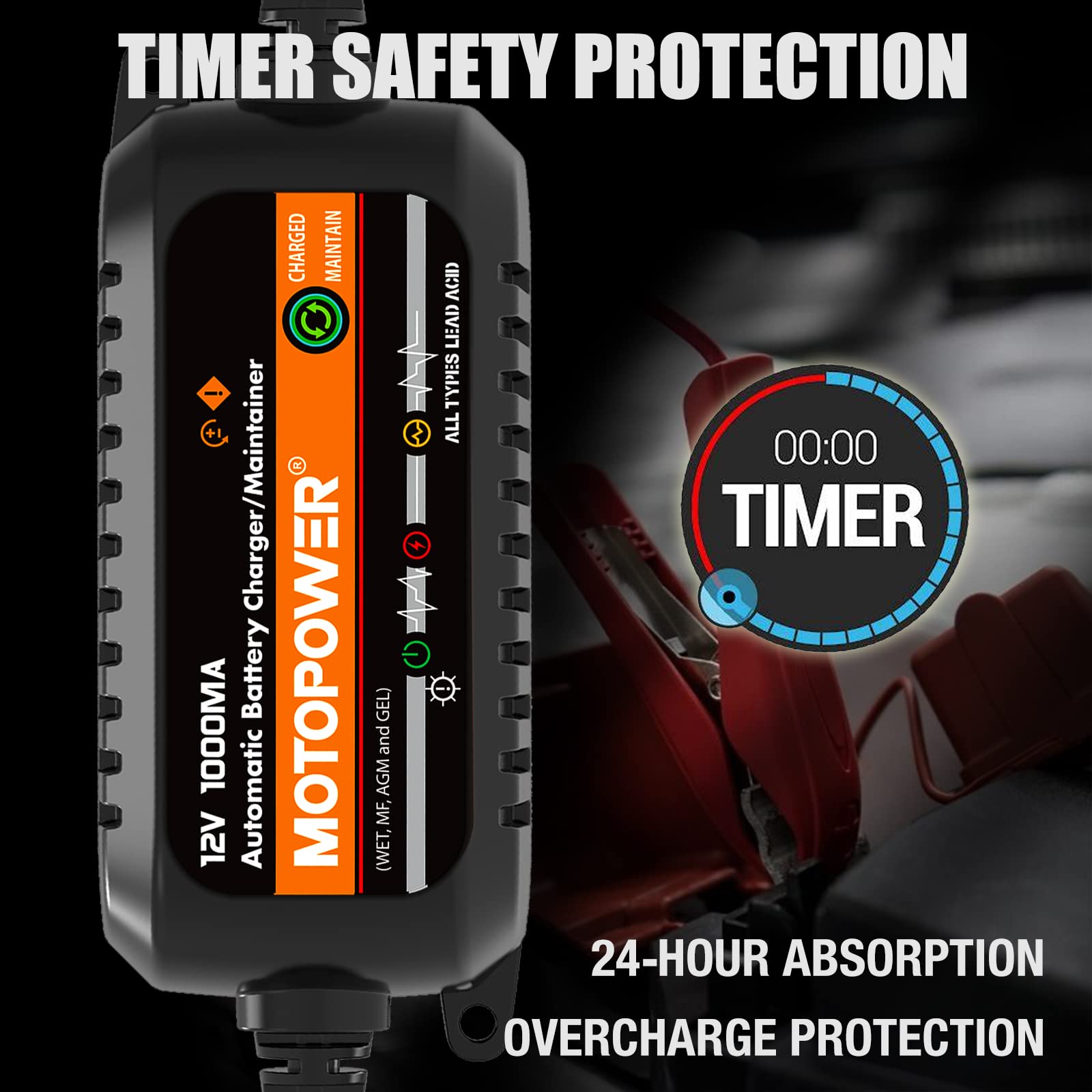 Motopower Mp00205B 12V 1000Ma Automatic Battery Charger, Battery Maintainer, Trickle Charger, And Battery Desulfator With Timer Protection - Black Edition