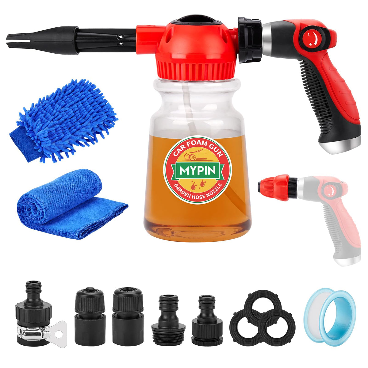 MYPIN 16 in 1 Car Wash Foam Gun, Foam Cannon,Adjustable Hose Wash Sprayer with 2.5 to 6 Bars Foam Blaster,Suitable for Car Clean