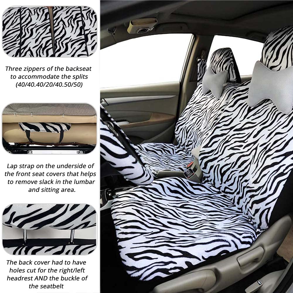 Autofan Zebra Car Seat Covers For Full Set With 2 Seat Belt Pads & Universal 15 Inch Steering Wheel Cover Fit For Cars, Trucks,