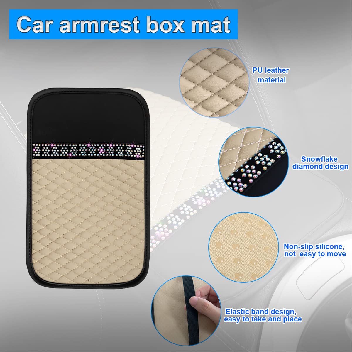 Bling Leather Car Center Console Cover, Car Center Console Protector With Glossy Crystal Rhinestone, Universal Waterproof Car Armrest Seat Box Cover For Most Car, Vehicles, Suvs, Trucks (Beige)
