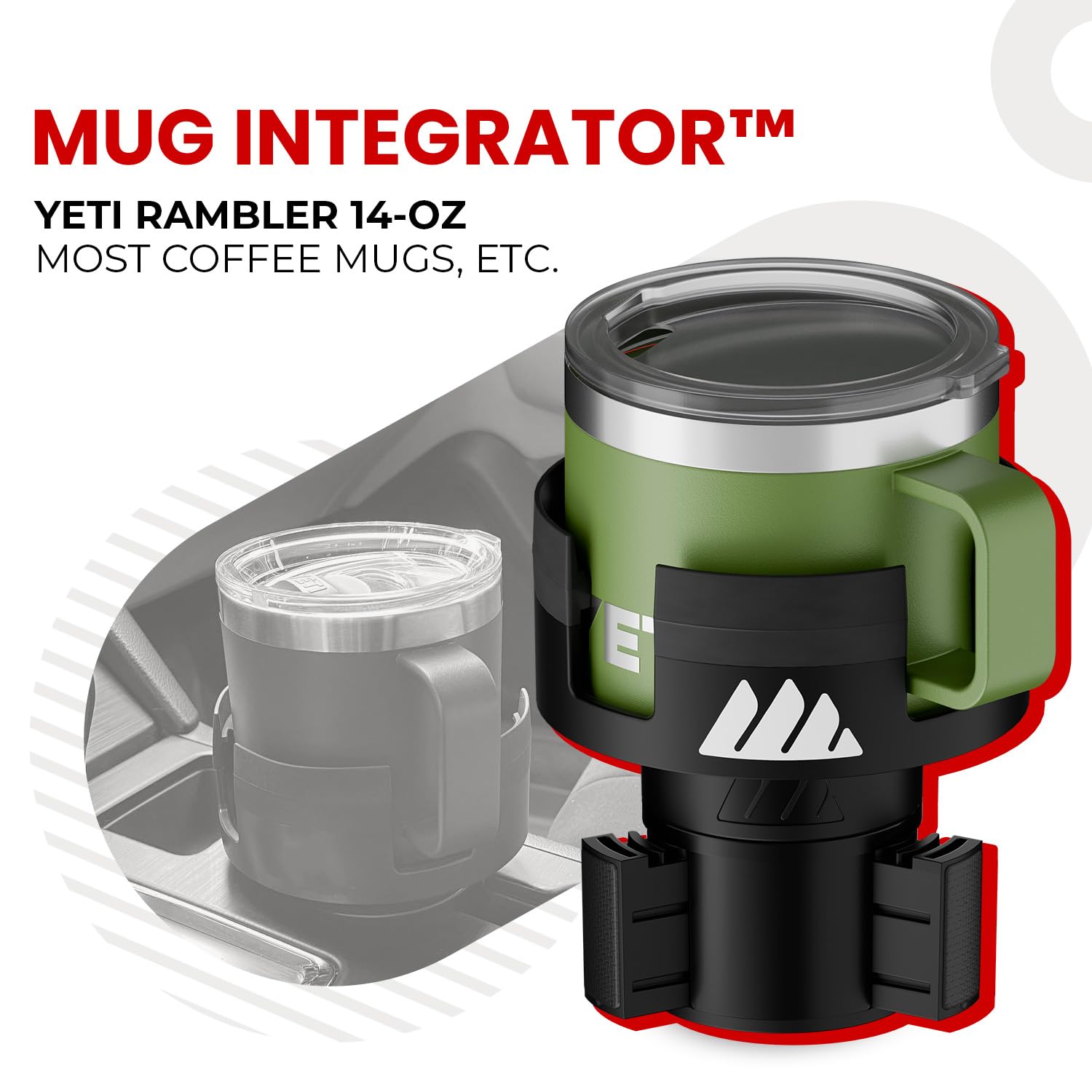 Integral Expandable Mug Holder - YETI 14oz Rambler Cup Holder - Car Cup Holder Expander With Adjustable Base - Rubber Tabs Hold