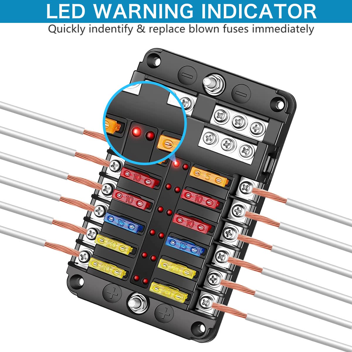 12 Way 12V Blade Fuse Block,12 Circuit Atc/Ato Fuse Box Holder With Led Indicator Waterpoof Cover For 12V/24V Automotive Truck B