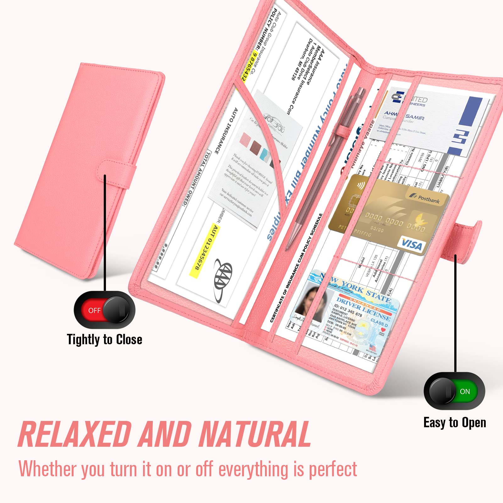 Foryou Car Registration And Insurance Holder With Magnetic Closure, Auto Truck Document Vehicle Glove Box Paperwork Organizer Wallet For Accessories Case, License, Card (Pink)