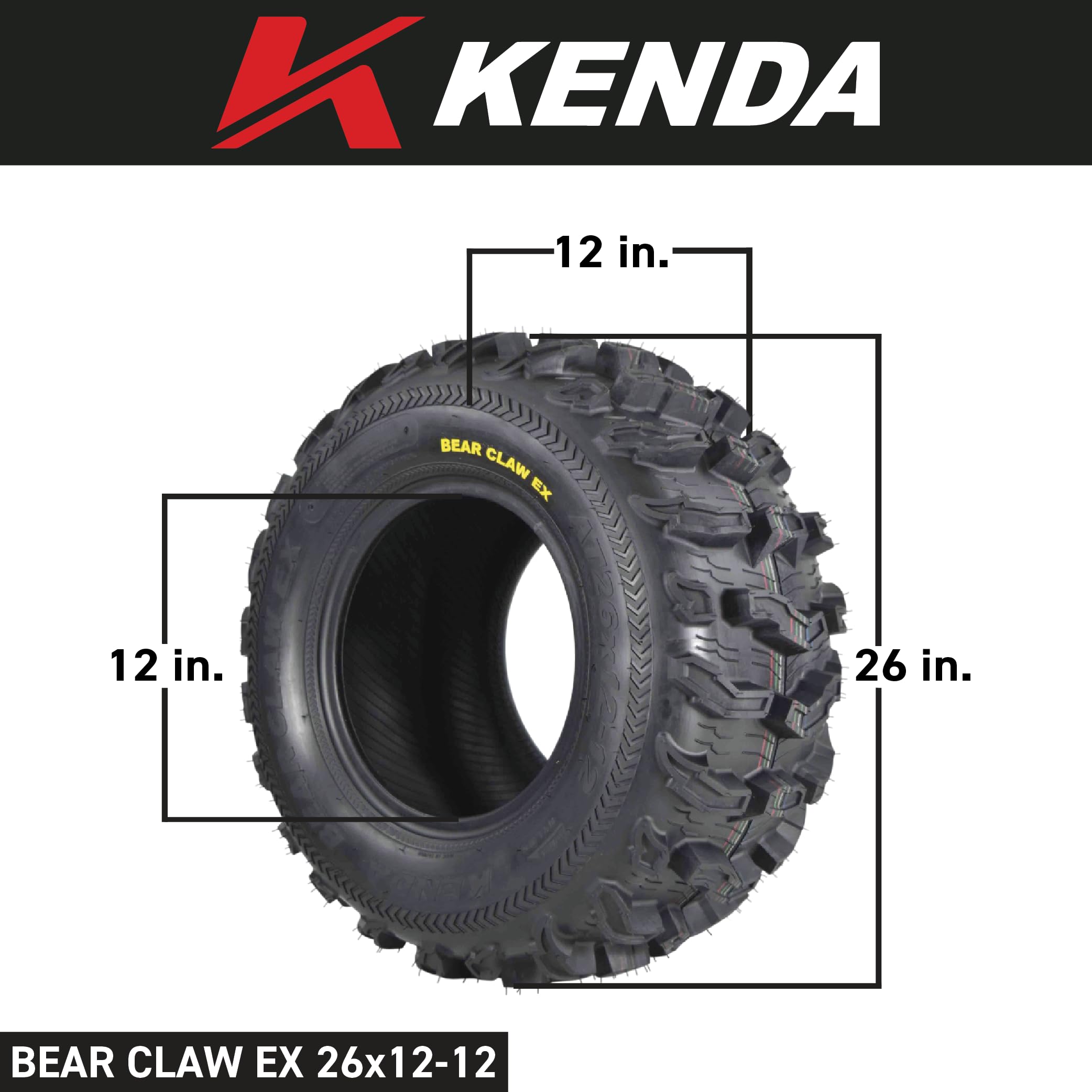 Kenda Bearclaw Ex K573-26X12-12 Rear Tires For All Terrain (Atv), Utv, And Side By Side (Sxs) Vehicles - 6-Ply - Bear Claw Ex 26