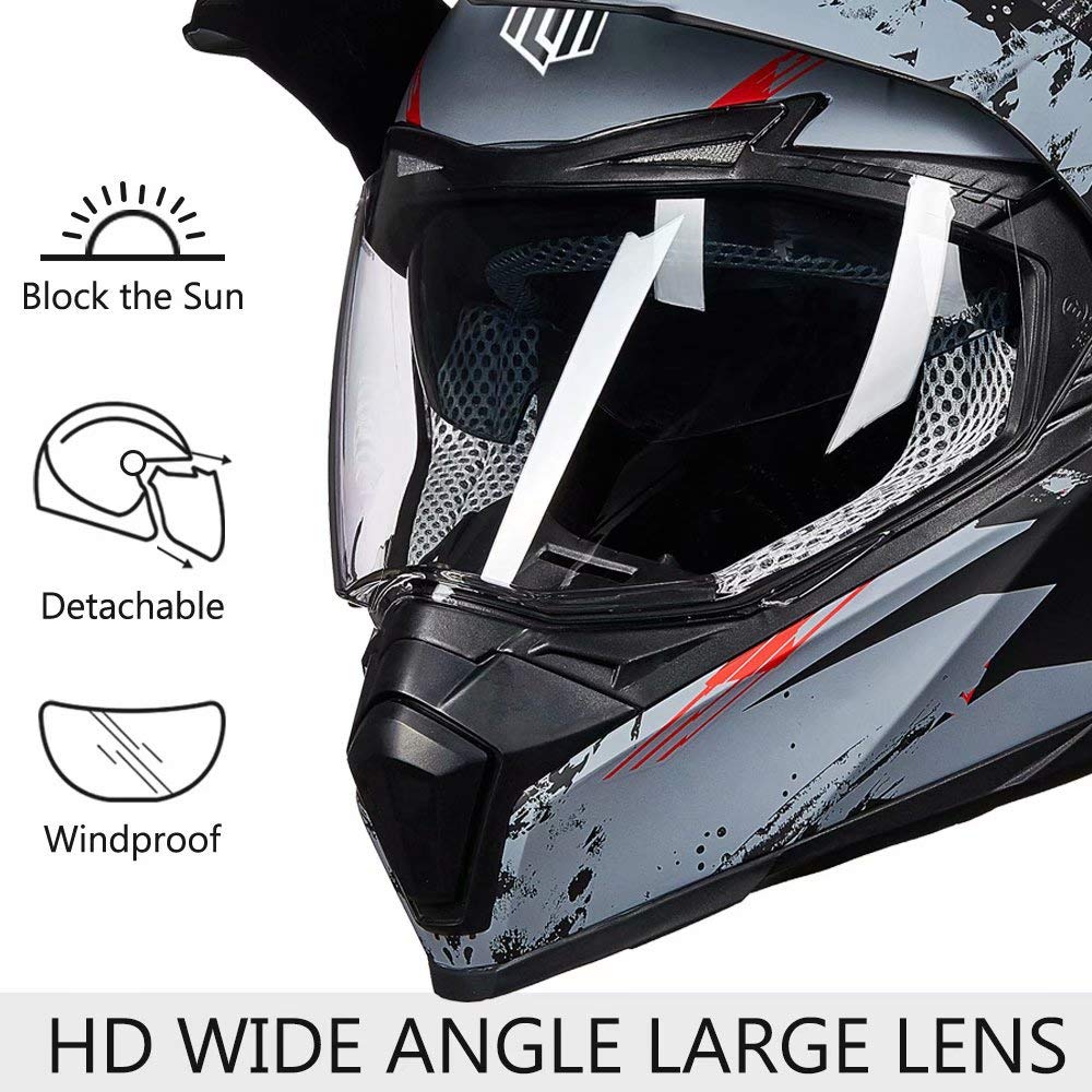 Ilm Off Road Motorcycle Dual Sport Helmet Full Face Sun Visor Dirt Bike Atv Motocross Casco Dot Certified Model 606V(Grey Red, X