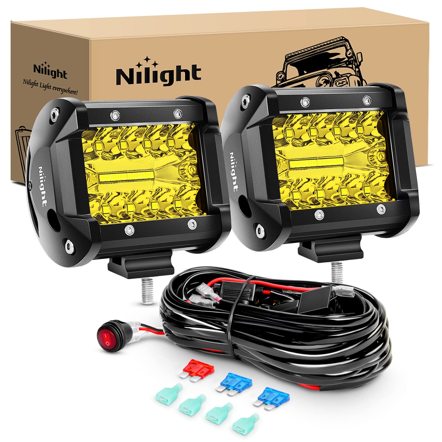 Nilight 2Pc 4Inch Yellow Led Pods Triple Row 60W Flood Spot Combo Driving Fog Lights With 16Awg Switch Wiring Harness Kit-2 Lead