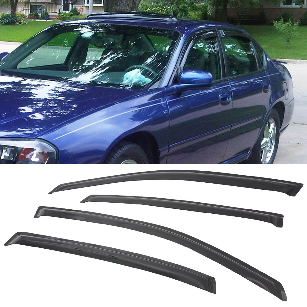 IKON MOTORSPORTS Tape On External Window Visor, Compatible with 2000-2005 Chevy Impala, Slim Style Acrylic Smoke Tinted & Semi-T