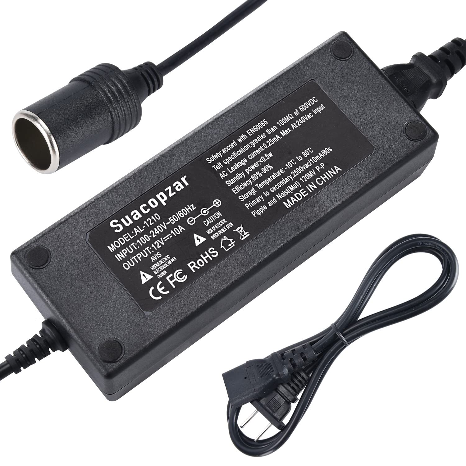 Suacopzar 12V 10A Car Power Adapter Female Auto Cigarette Lighter Plug, Ac 100-240V To Dc 12V 10A 120W Power Supply Adapter Ac T