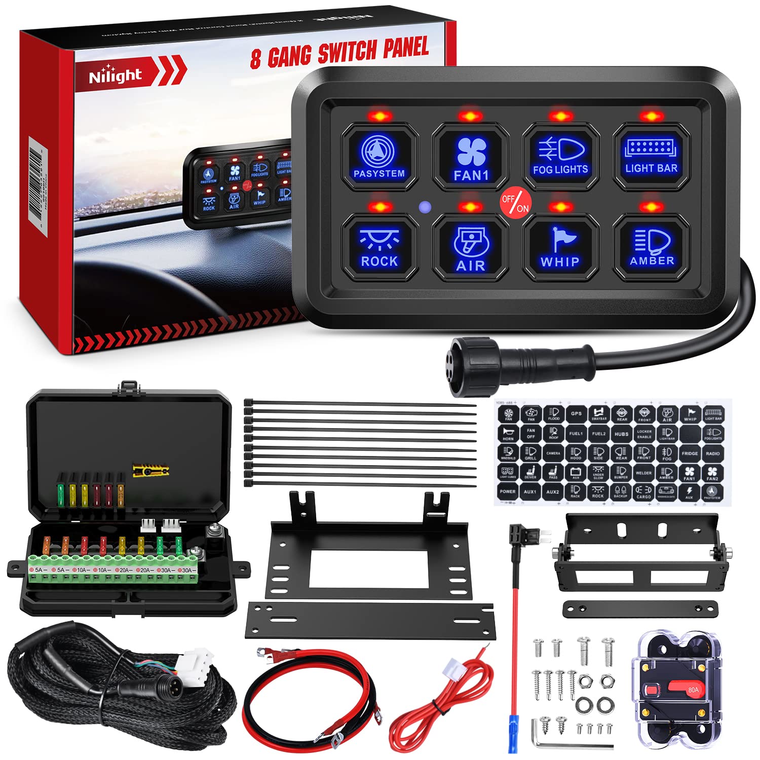 Nilight 8 Gang Switch Panel System Circuit Control Relay System Fuse Wiring Harness Automatic Dimmable ON Off LED Switch Pod for