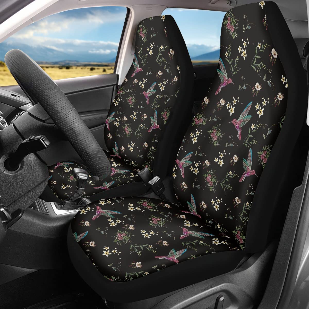 TOADDMOS Floral Hummingbird Seat Covers for Car, Universal Stretchy Cars Front Seat Protectors Cover, Women Car Accessories Deco