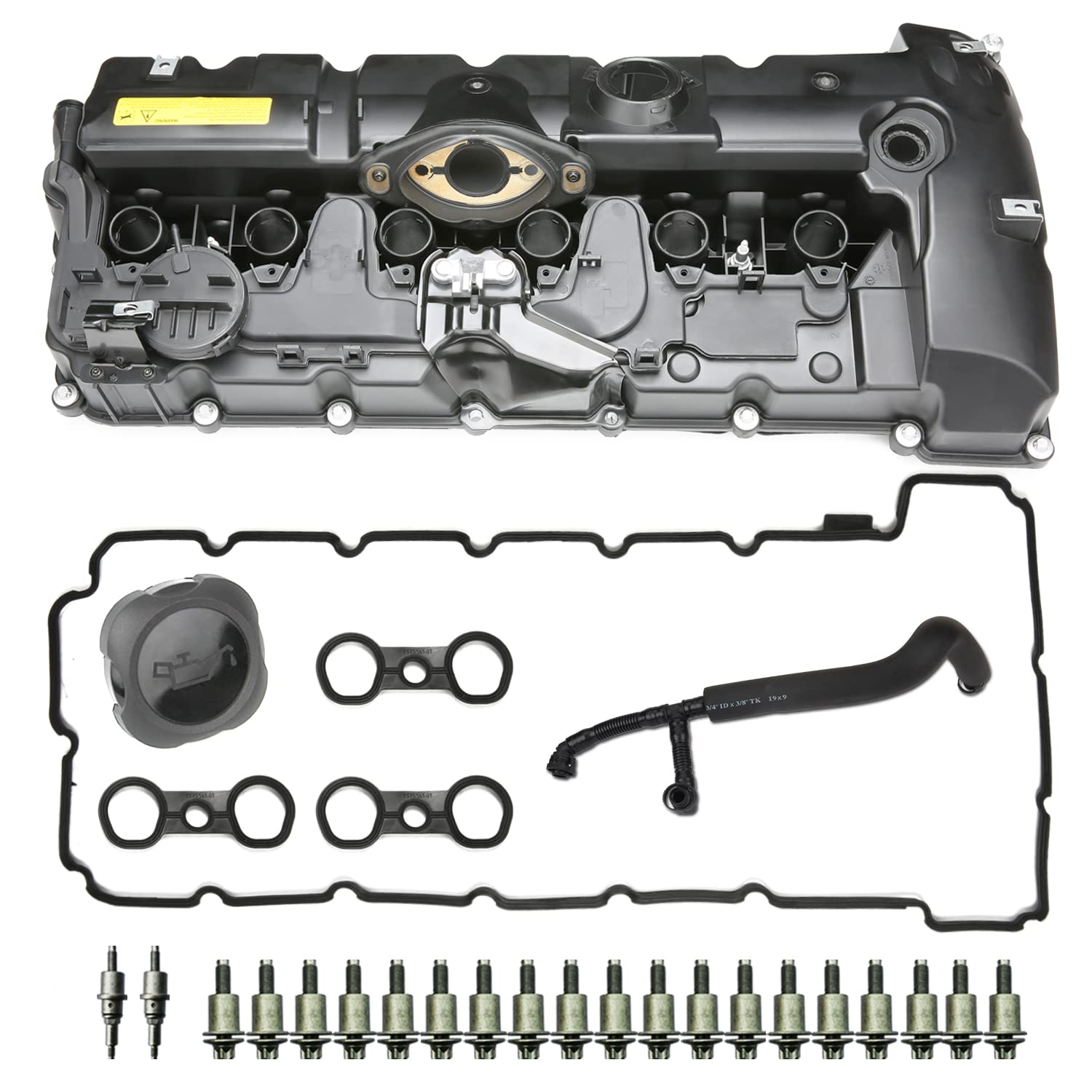 Mitzone N52 Engine Valve Cover Kit With Oil Cap & Pcv Hose Compatible With Bmw E82 128I, E9X 323I 328I, E60 528I, E70 X5 3.0Si, E83 X3, E85 Z4, E89 Z4, F10 528I N52/ N51 Sulev
