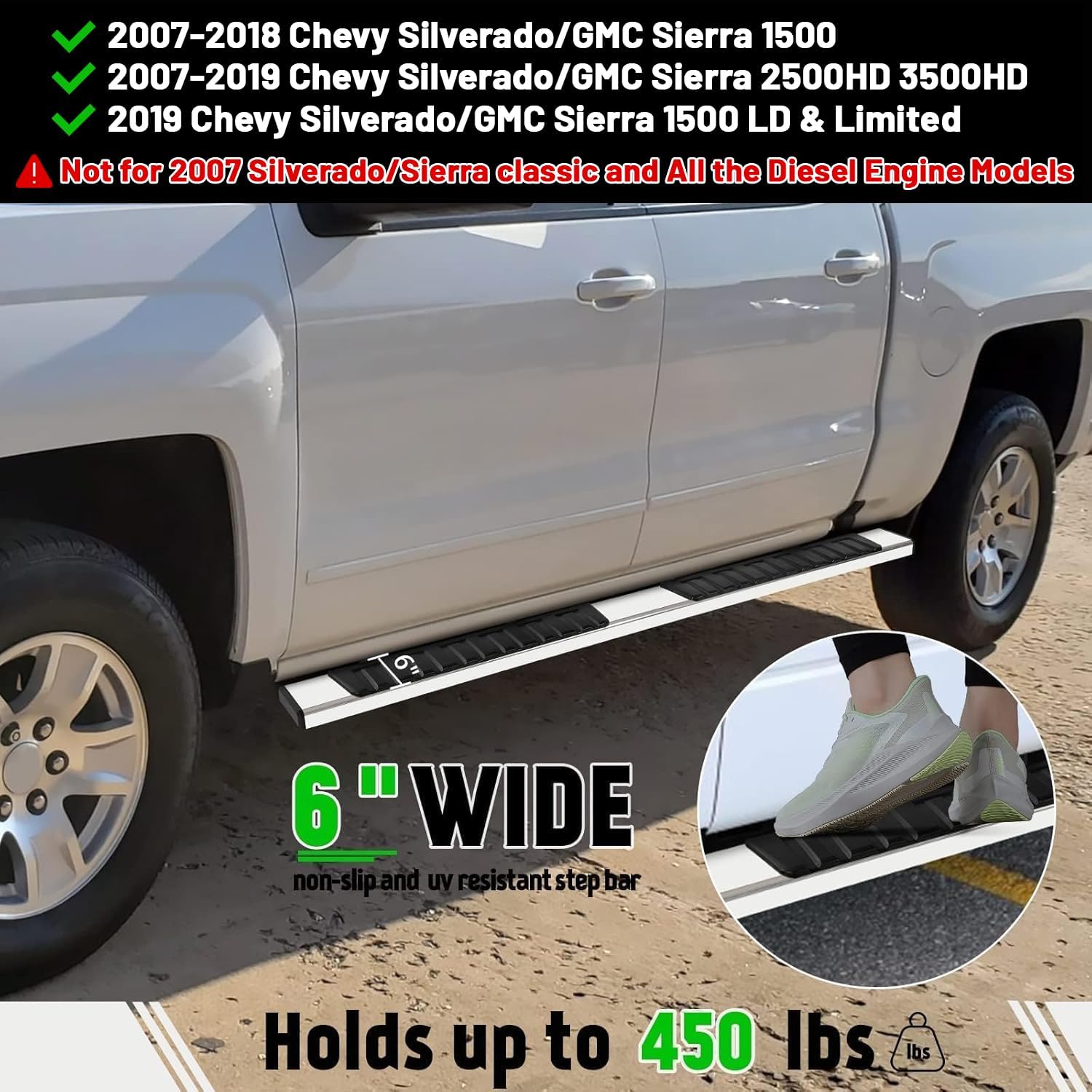 Pz 6'' Crew Cab Running Boards For 2007-2018 Chevy Silverado/Gmc Sierra 1500, 2007-2019 For 2500Hd 3500Hd Mirror Stainless Steel