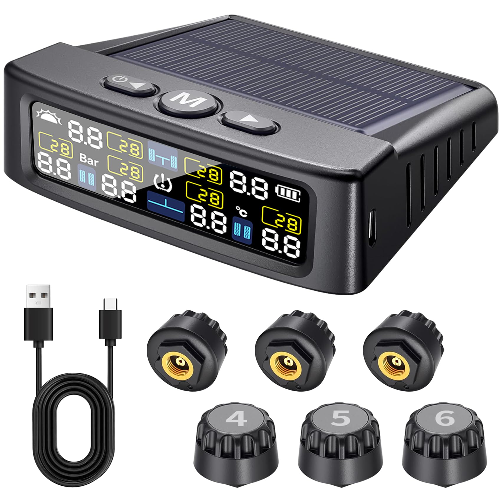 RV Tire Pressure Monitoring System, Tire Pressure Monitor with Solar Charge, TPMS with 6 Sensors & 6 Alarm Modes, M12-3 TPMS Upd