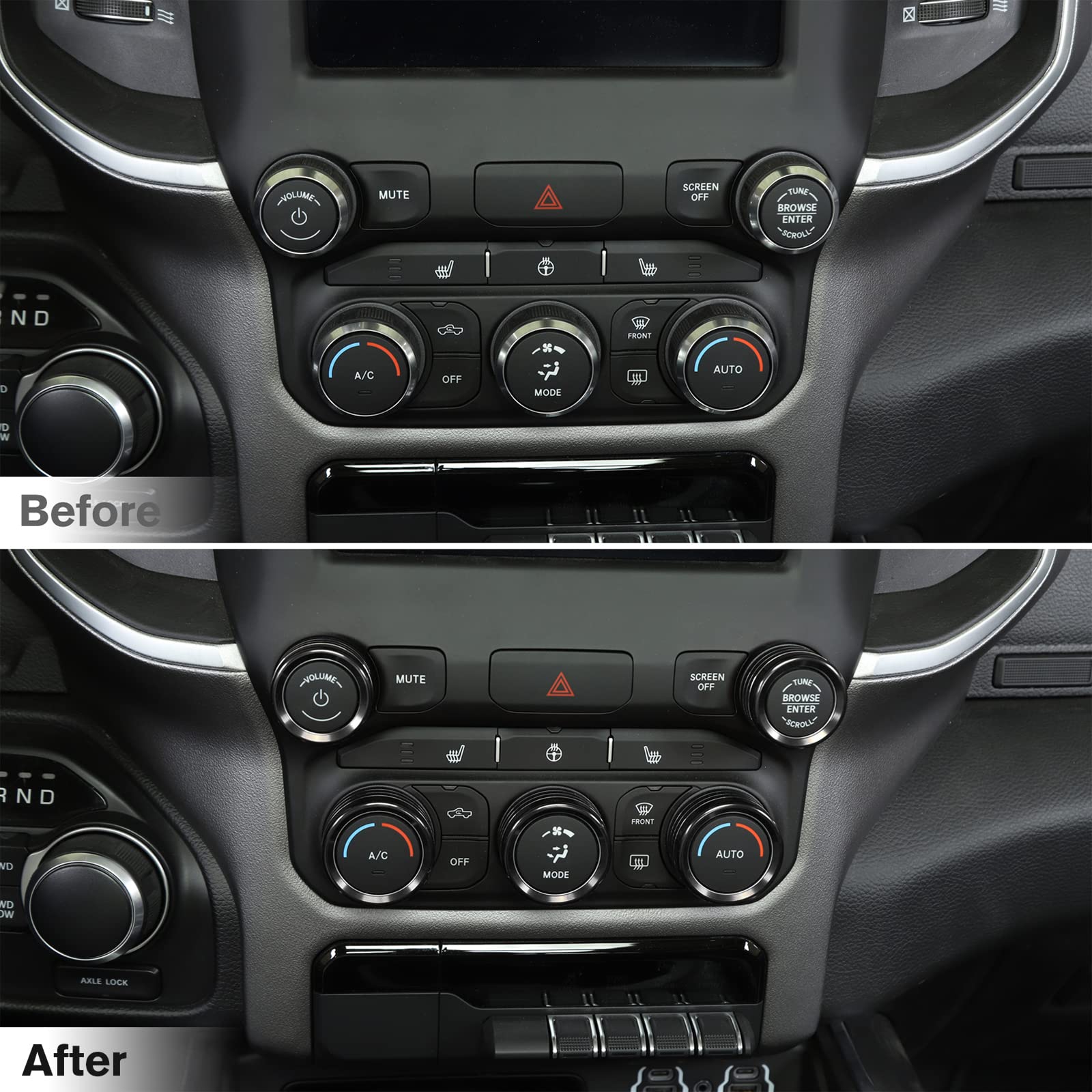 Voodonala for Dodge RAM Aluminum Center Console AC Radio Switch Knob Cover for 2018-2025+ Dodge RAM, 5pcs Black