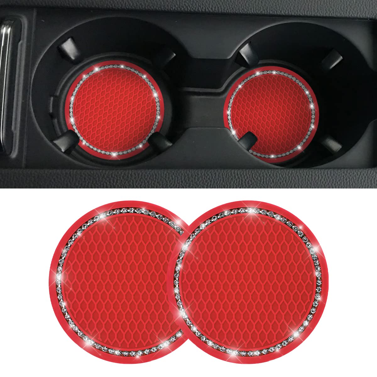 2 Pack Car Bling Cup Holder Coaster, 2.75 Inch Crystal Rhinestone Car Cup Holder Insert Coaster,Universal For Cars, Vehicles, Suvs, Car Interior Accessories For Women And Men (Red)