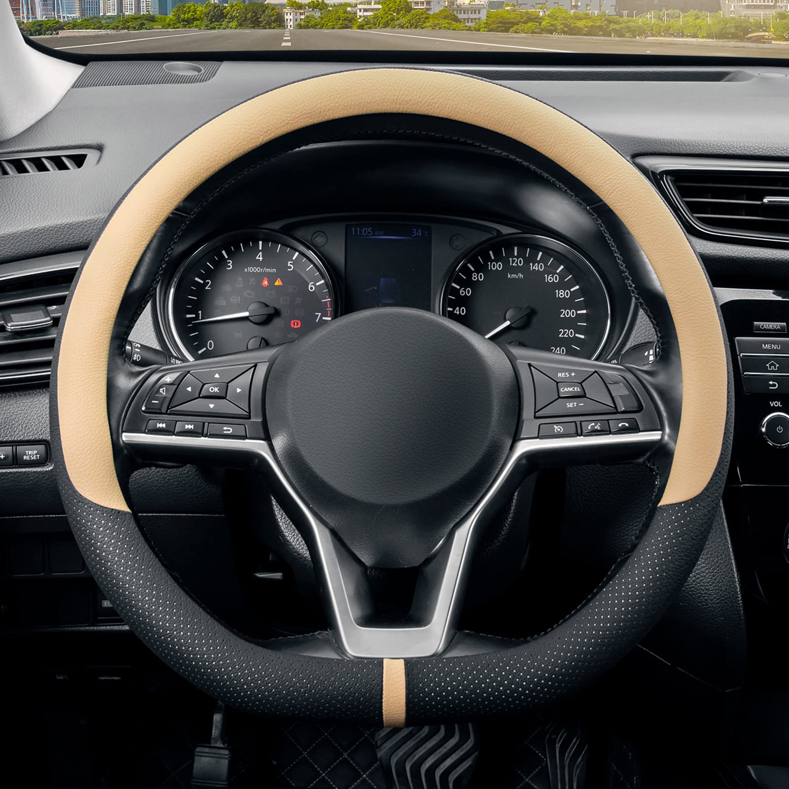 Seg Direct Flat Bottom Steering Wheel Cover Breathable, D Shaped Car Wheel Cover 14 1/2-15 In. (37-39 Cm), Black Beige Microfibe