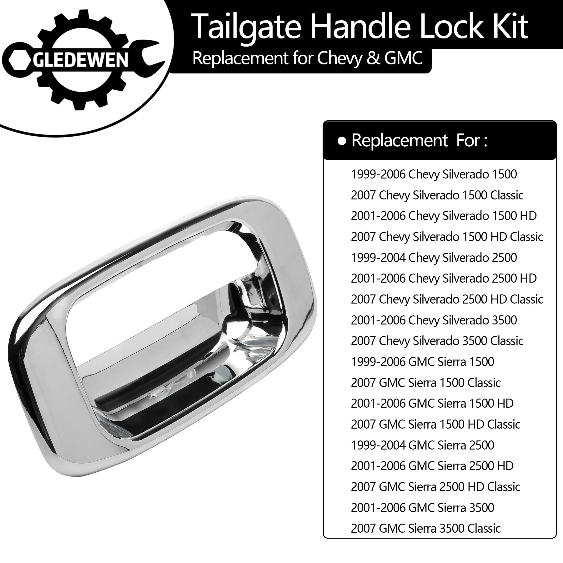 Tailgate Door Handle & Bezel Lock Set, Compatible With 1999-2007 Chevy Silverado Gmc Sierra 1500 2500 3500, Chrome Exterior Rear