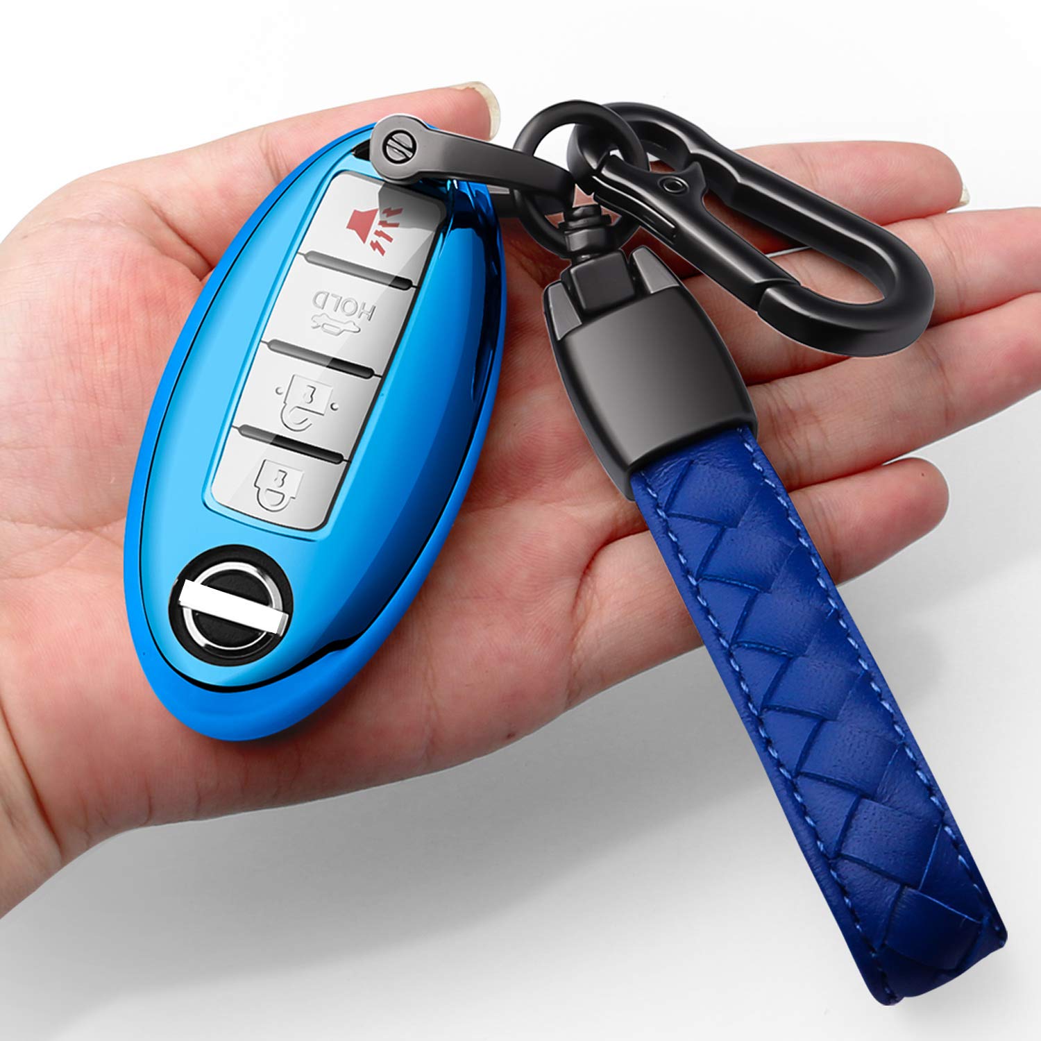 Autophone Compatible With Nissan Key Fob Cover With Leather Keychain Soft Tpu 360 Degree Protection Key Case For Altima Maxima Rogue Armada Pathfinder Smart Key 3 4 5-Button,Blue