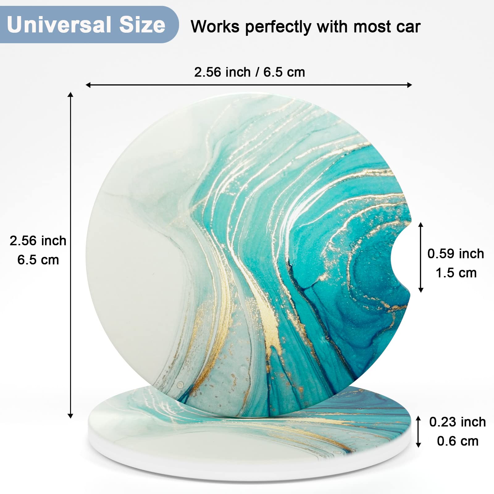 Nipichsha Car Coasters For Cup Holders, 2 Pack Absorbent Ceramic Car Cup Holder Coaster For Drinks, Cute Car Assecories For Women Men, Size 2.56' With Finger Notch & Cork Base, Teal Marble