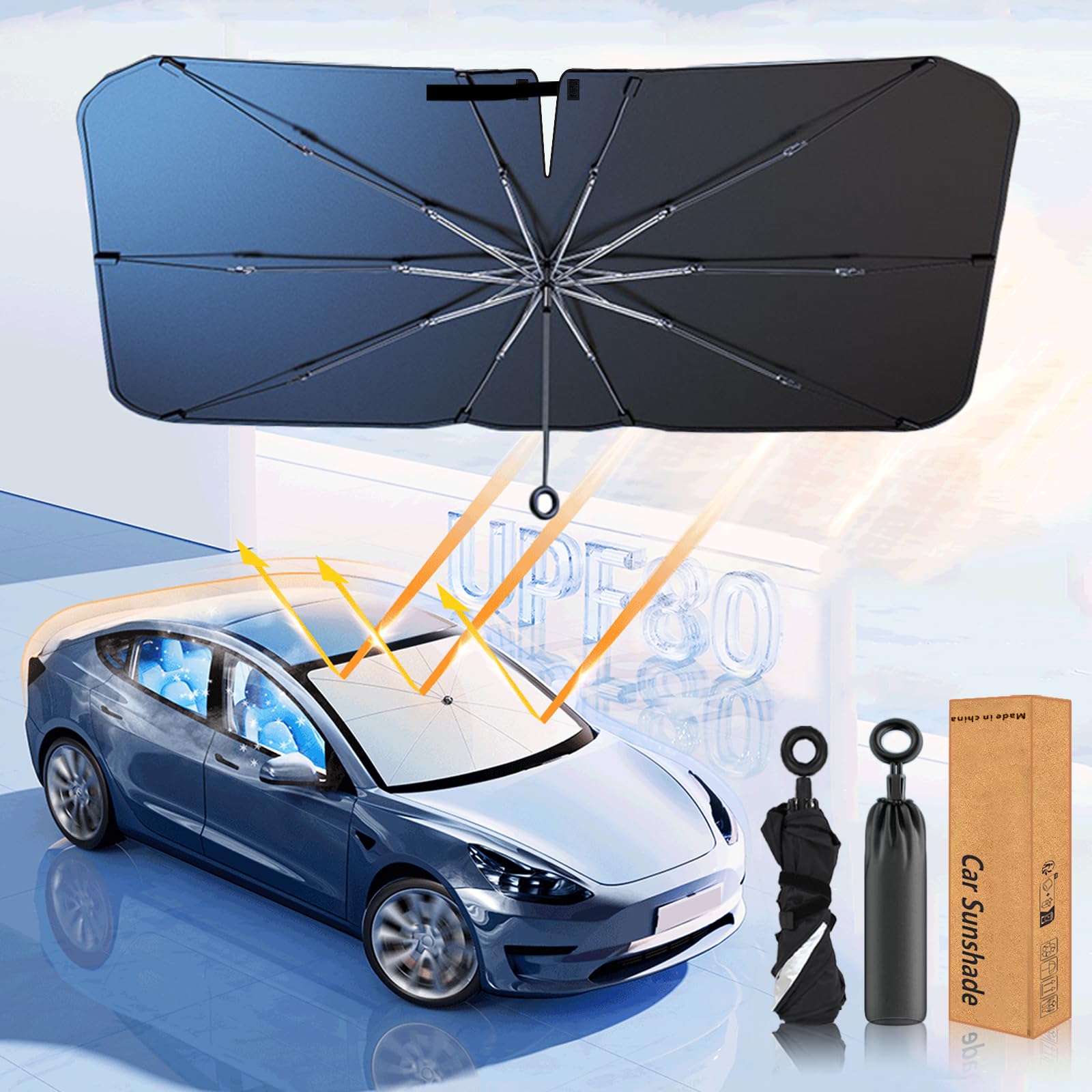 Windshield Sun Shade Umbrella - 5 Layer Ice Crystal Nano Coating UPF50+, Car Sunshades for Windshield with Scratch Resistant Dra