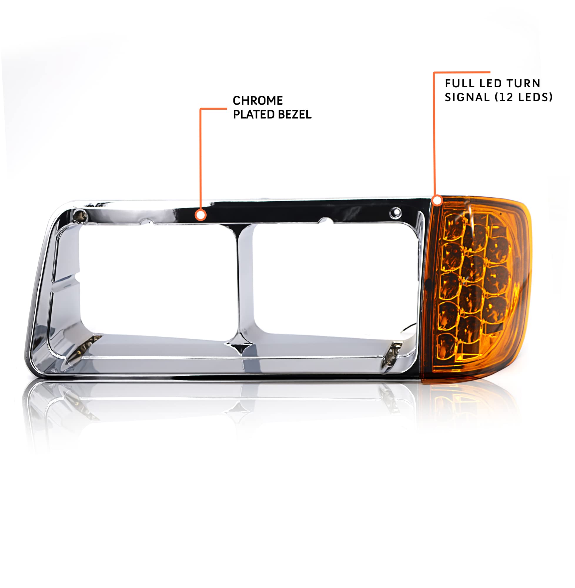 Torque Headlight Bezel Driver Left Side Replacement for 1989-2002 Freightliner FLD semi Trucks with Amber LED Turn Signal Light Assembly DOT SAE Approved 3 Wires LH (TR039-L)
