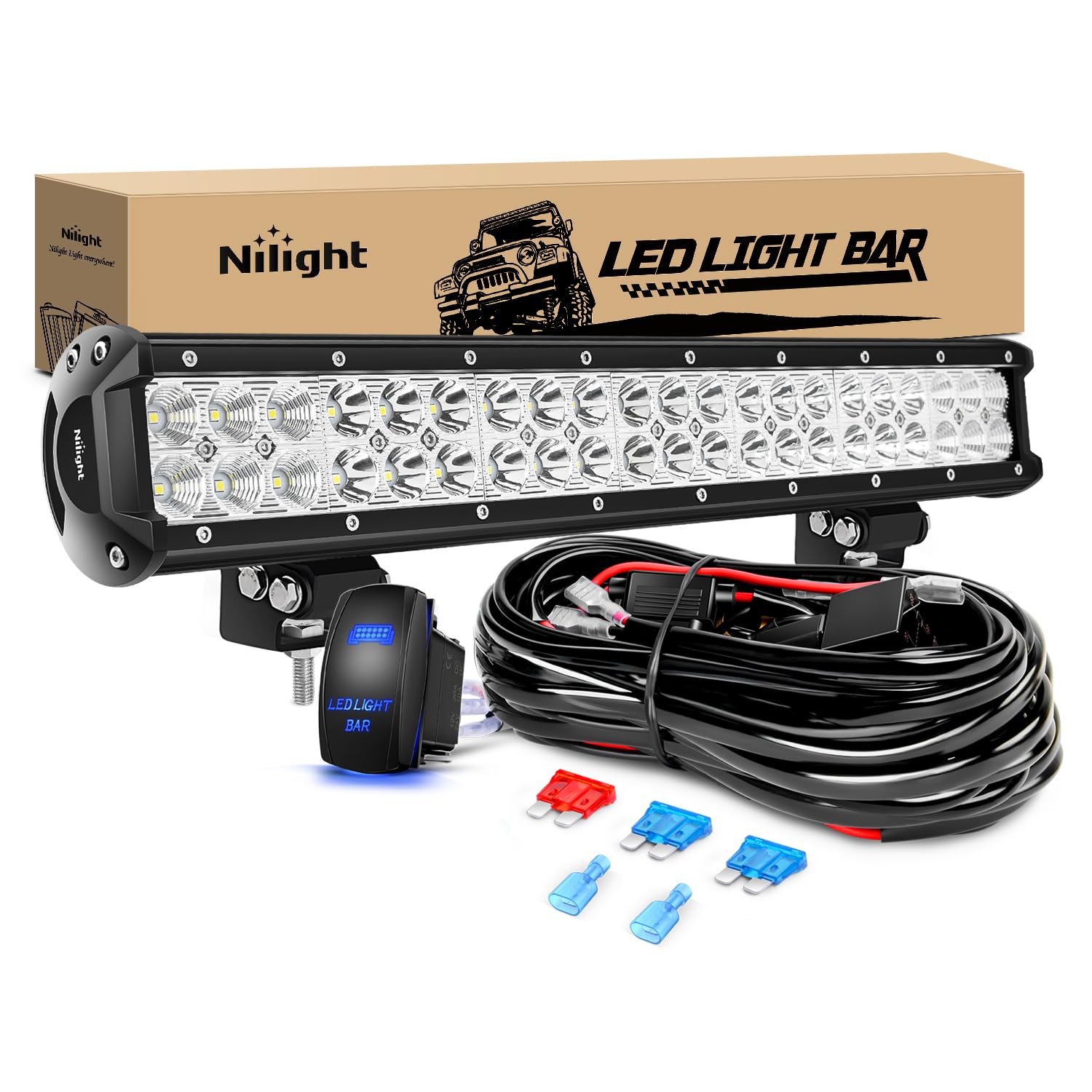 Nilight Led Light Bar 20 Inch 126W Spot Flood Combo Led Off Road Lights 12V 5Pin Rocker Switch Led Light Bar Wiring Harness Kit,