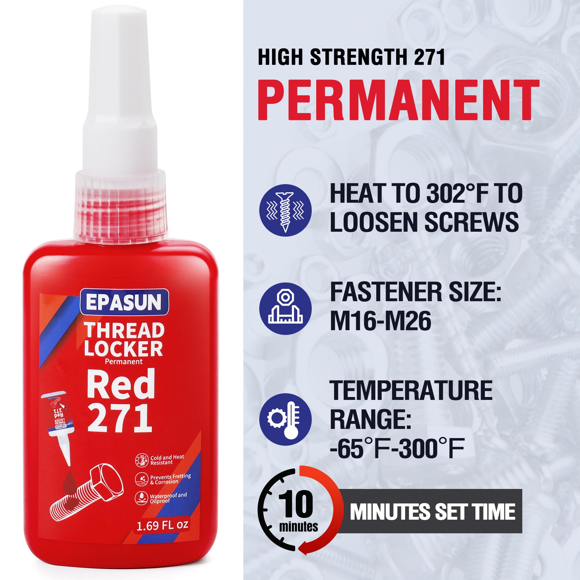 Epasun 50Ml Threadlocker Red 271, Thread Lock Strong Strength Lock Tight For Nuts, Bolts, Fasteners, And Metals To Prevent Loose