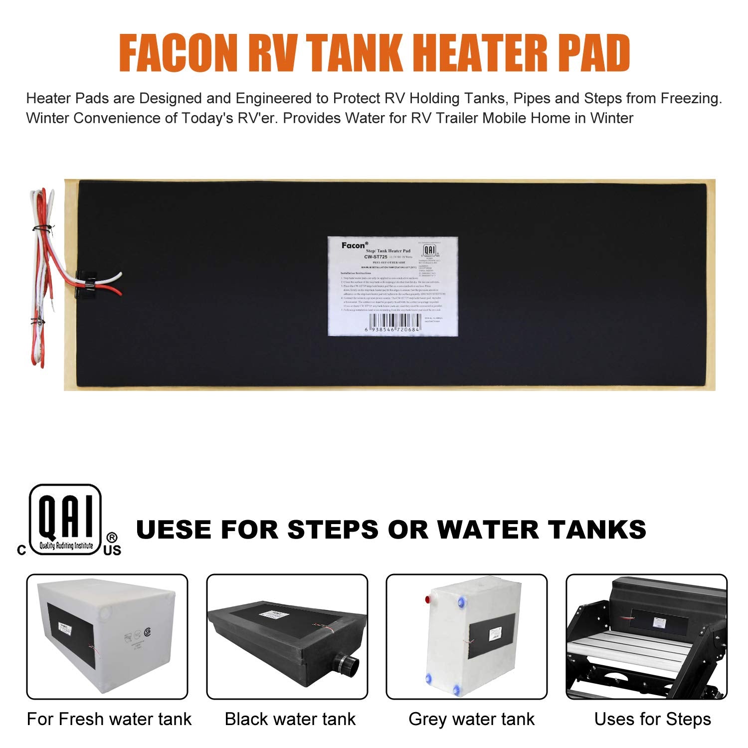 Facon 7-1/4''X25'' Rv Holding Tank Heater Pad, Cw-St725, With Automatic Thermostat Control, Use With Up To 50 Gallons Fresh Wate