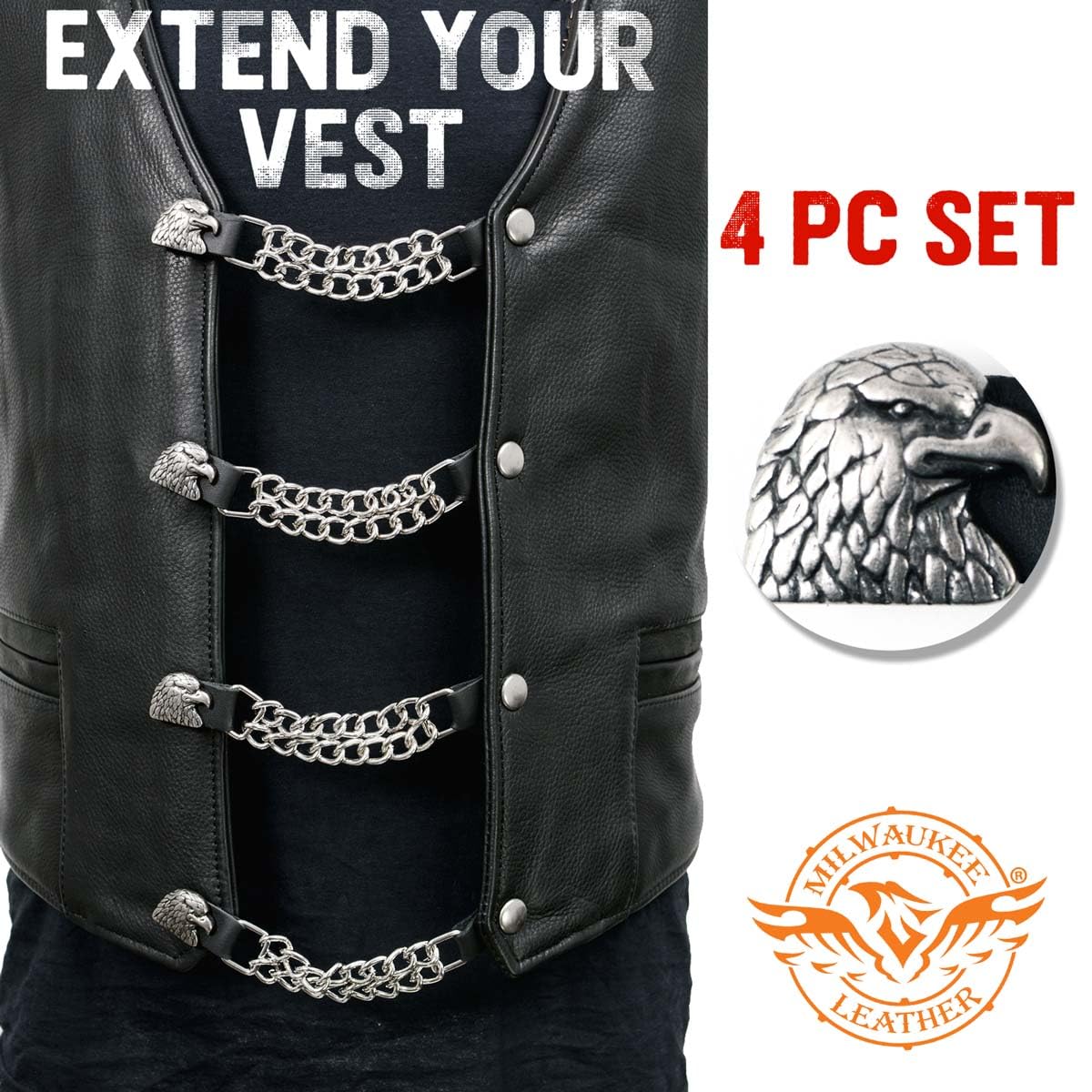 Milwaukee Leather Eagle Head Medallion Vest Extender - Double Chrome Chains Genuine Leather 6.5'' Extension 4-PCS MLA6011SET - 4
