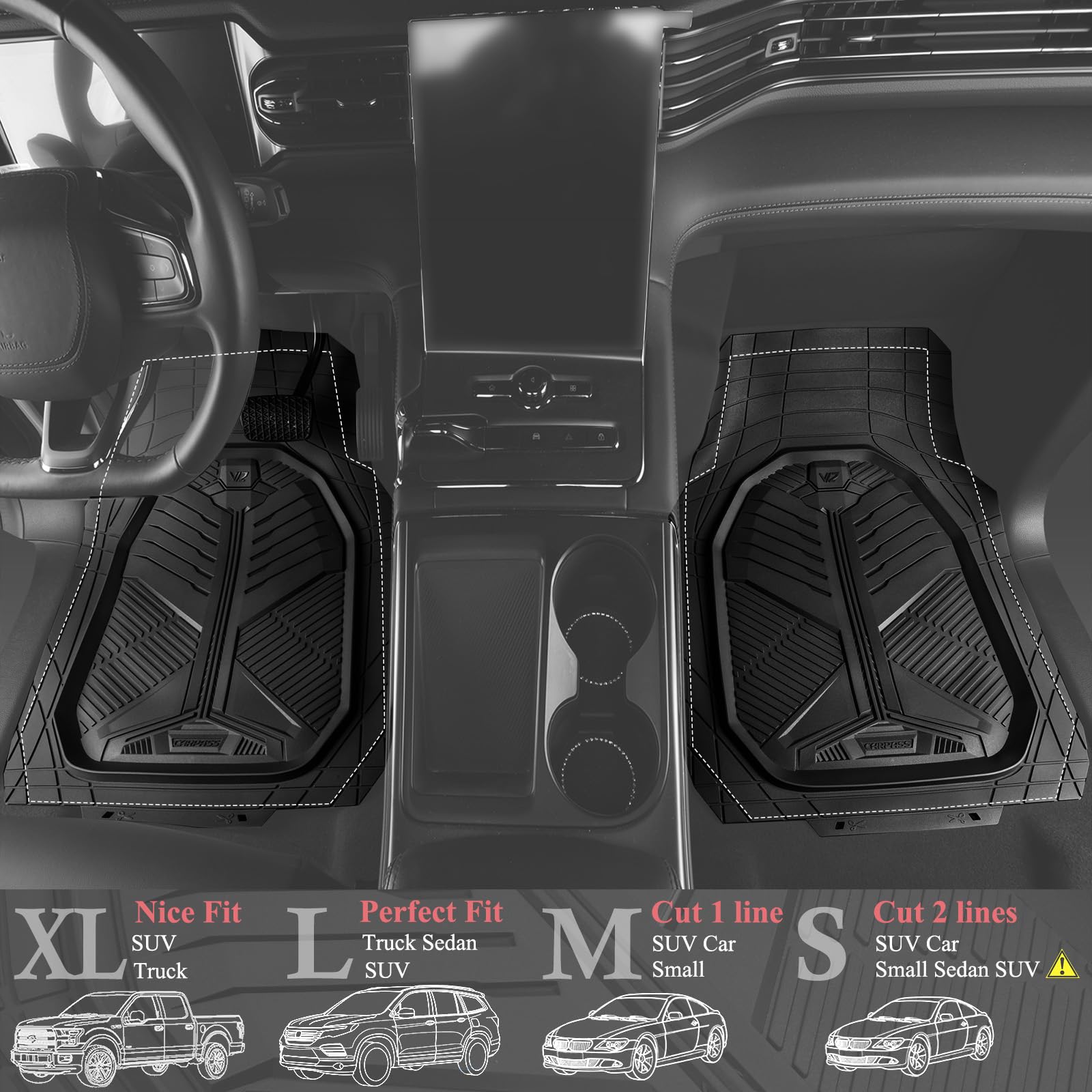 Car Pass Heavy Duty Rubber Car Mats, Deep-Dish 2-Piece Car Floor Mats Front Only, All Weather Protection Universal Trim-To-Fit F