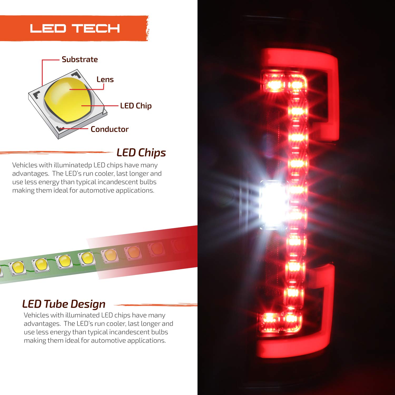 Akkon - Fits 17-19 Ford F250 F350 F450 Super Duty Led Stripe Tube Bar [Blind Spot Monitor] Black Tail Lights Left+Right Pair