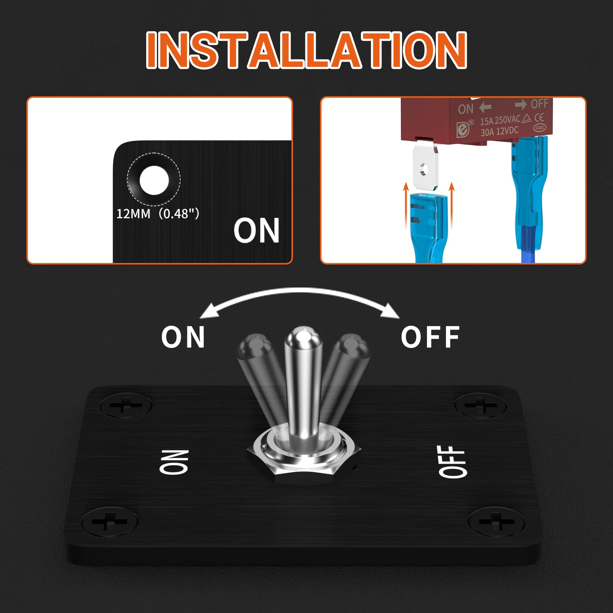 RVBOATPAT Heavy Duty Waterproof Toggle Switch 12V DC 30A 2 Pin SPST ON/Off Toggle Switch with Mounting Panel for Marine Boat Aut