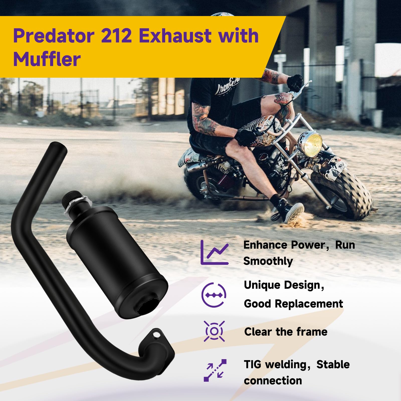 Hiaors Racing Exhaust Pipe Muffler Main Jet Kit For Predator 212Cc 196Cc 224Cc 6.5Hp Coleman Ct200U Bt200X Ct200U-Ex Mini Bike Kt196 Go Kart Baja Warrior Mb165 Mb200 Performance Parts With Heat Shield