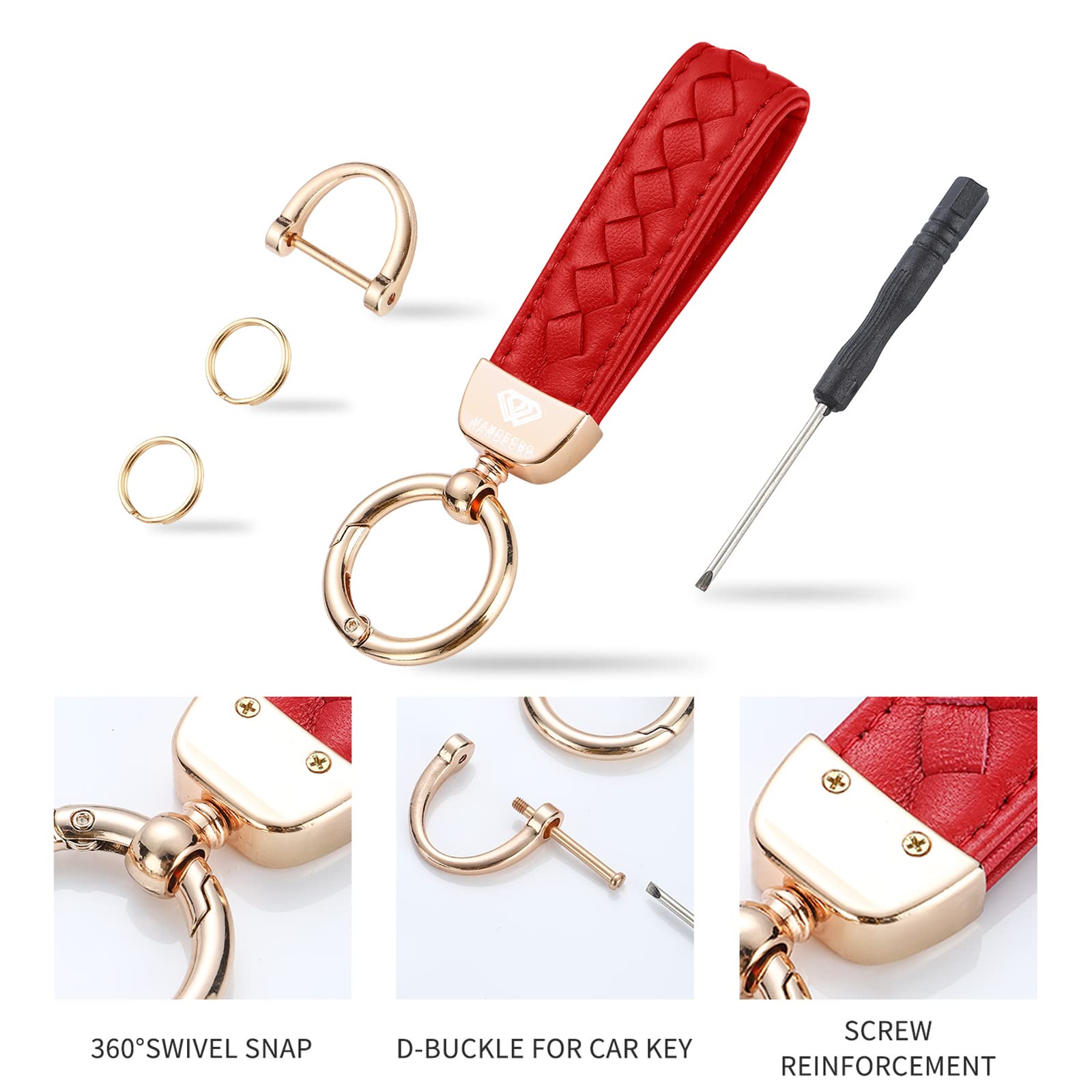 Hamdecro Genuine Leather Keychains, Handmade Knit Sheepskin Car Key Chains For Women, Universal Key Fob Holder With 360 Degree Rotatable, Anti-Lost D-Ring, 2 Keyrings And 1 Screwdriver - Red