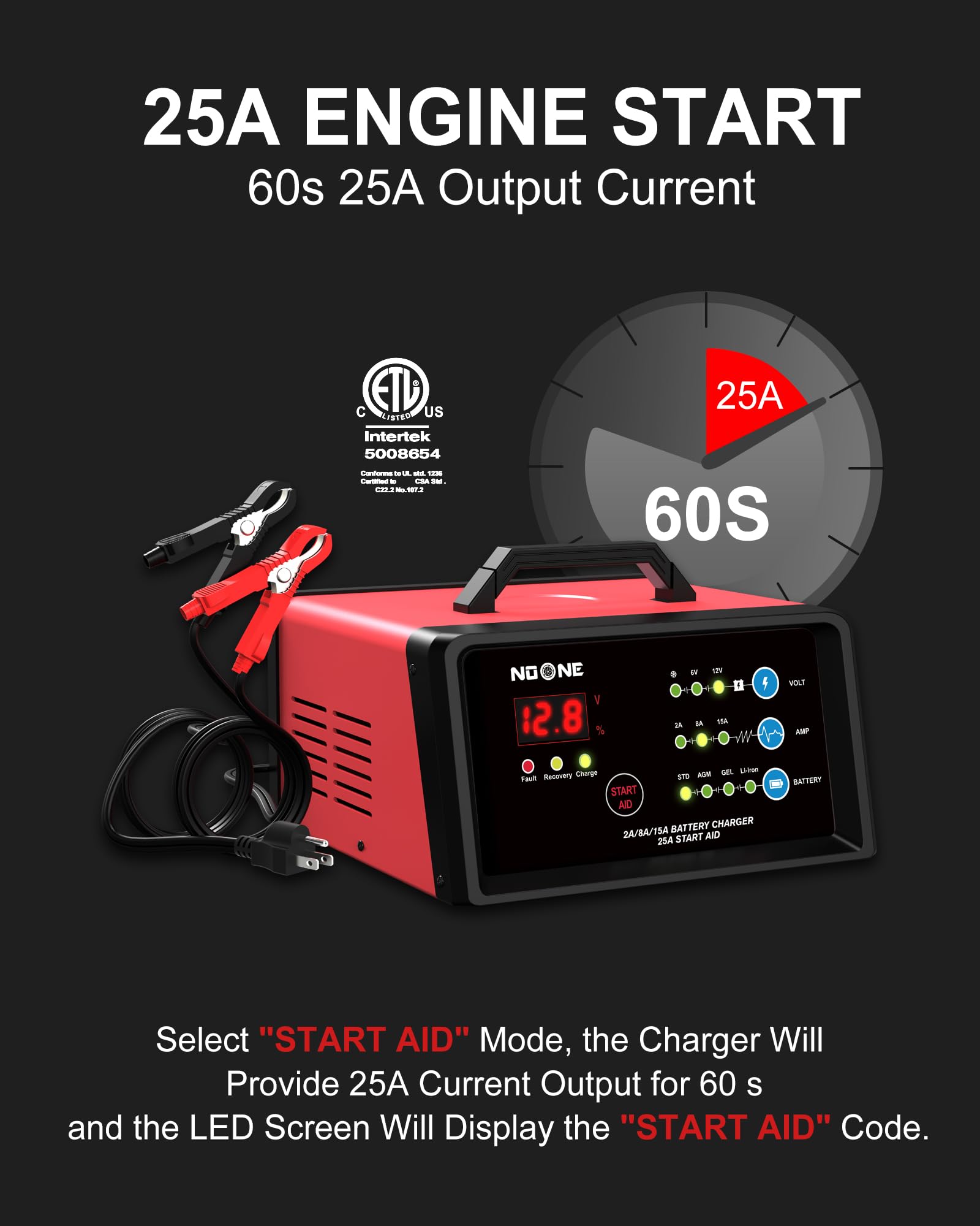 Noone Smart Car Battery Charger: 2/8/15A Battery Chargers 6V/12V Boat Battery Chargers With Engine Start, Metal Shell, Winter Mo