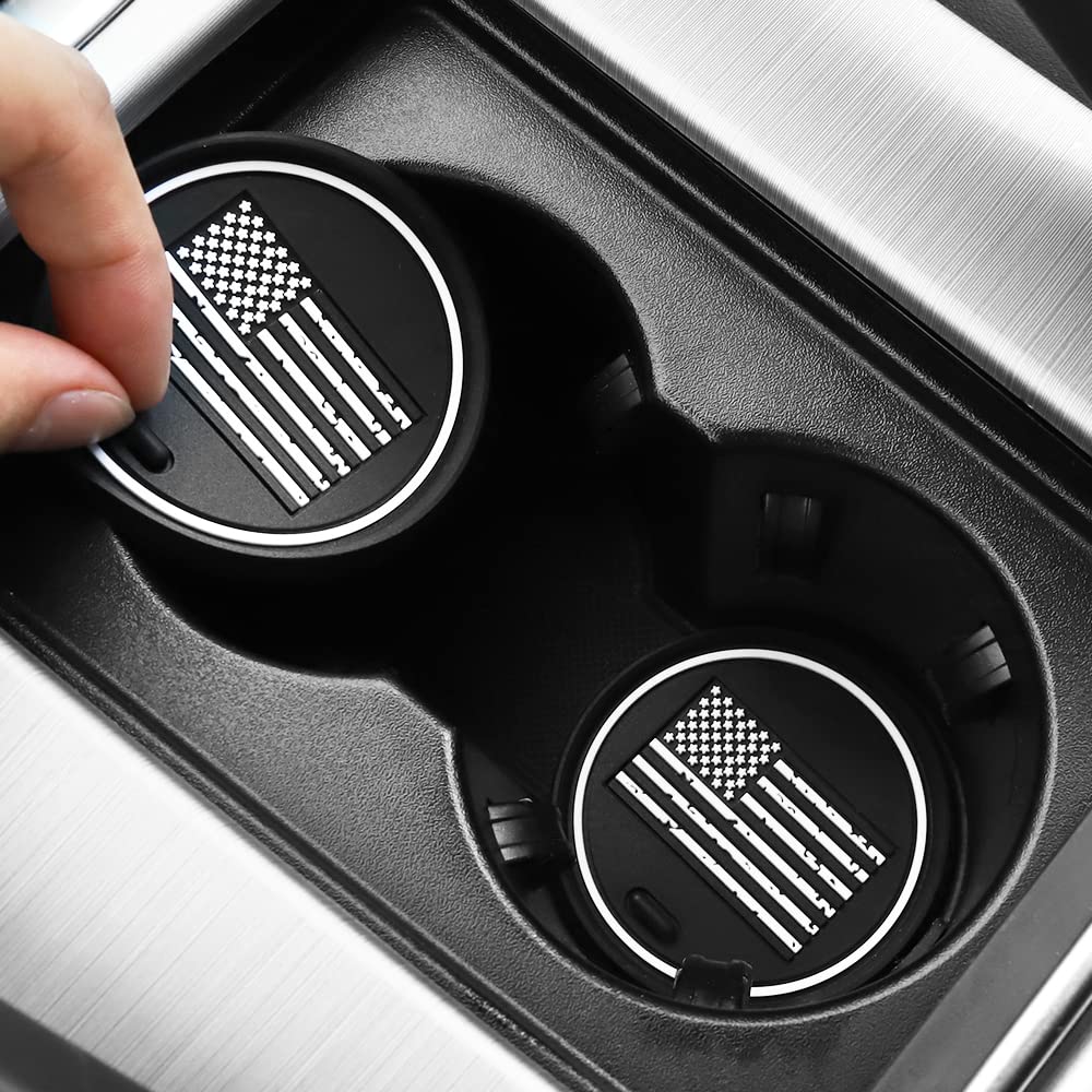 2 Pack Car Cup Holder Coasters, 2.75 Inch American Flag Soft Rubber Pad Set Round Auto Cup Holder Insert Drink Coaster Car Inter